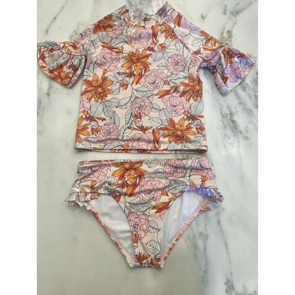 Janie and Jack Floral Pink Orange Ruffle Two-Piece Swimsuit Top/10 Bottom/12